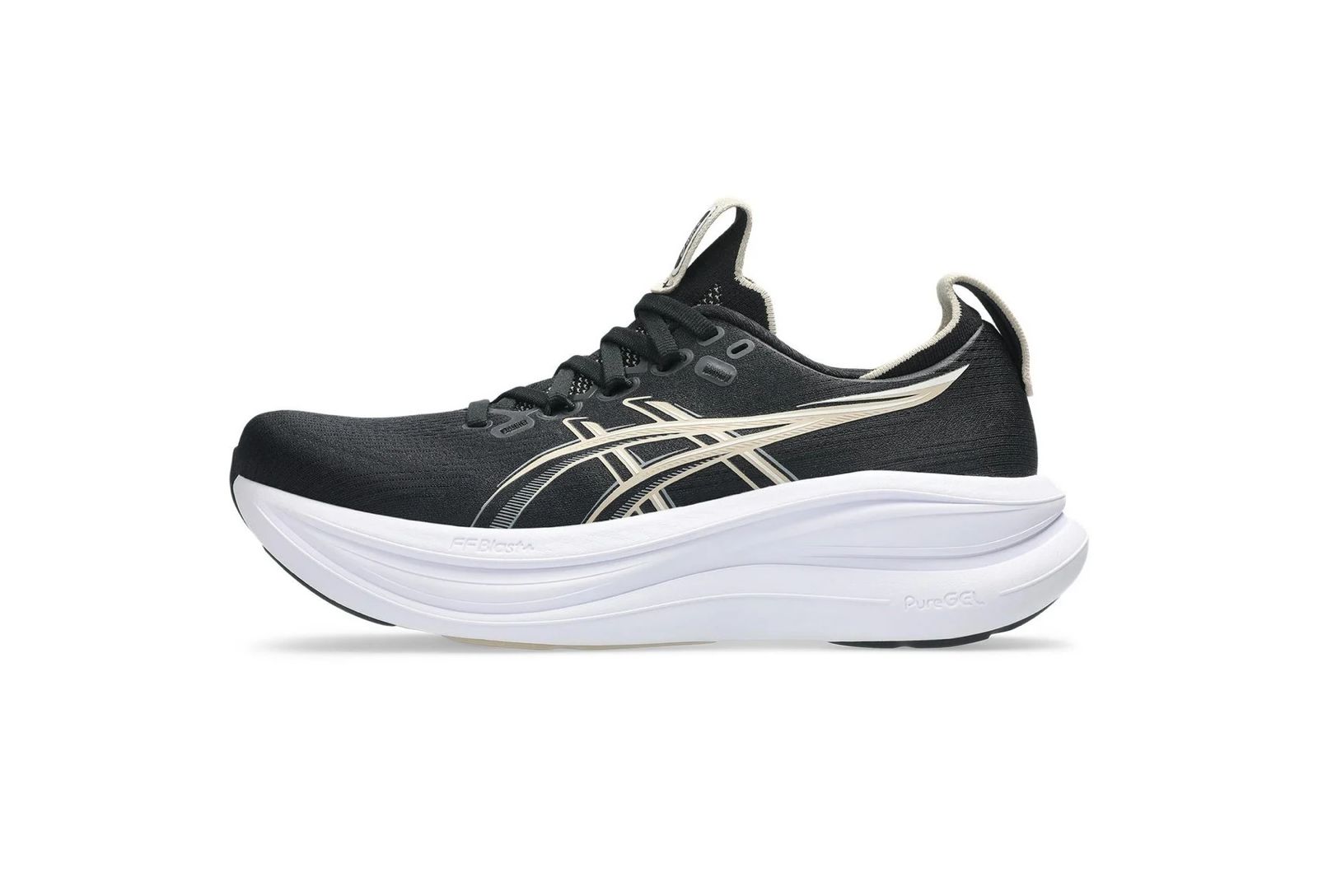 Asics Gel-Nimbus 28 black with white and gold accents.